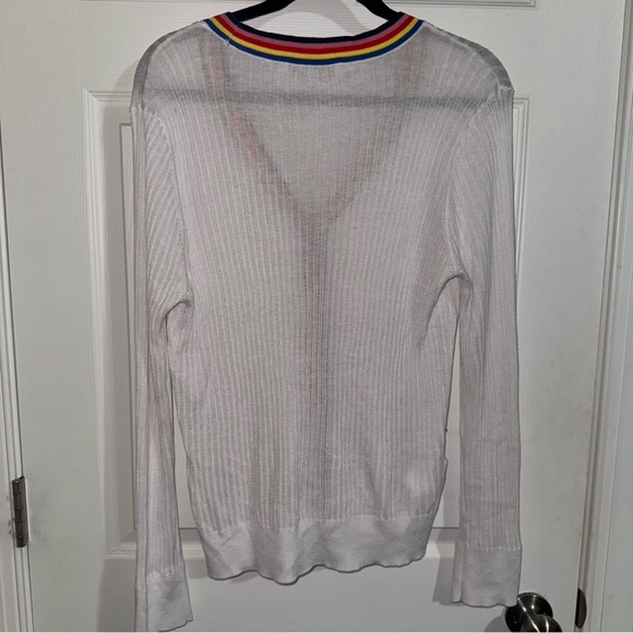 Loft Womens XL White Ribbed Knit Rainbow Stripe Trim V-Neck Cardigan Sweater - Picture 3 of 3